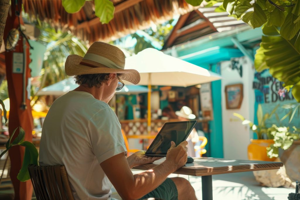 A modern telecommuter works remotely from a vibrant tropical cafe on his laptop